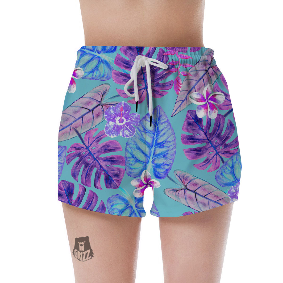 Tropical Leaf Teal And Purple Print Women's Shorts-grizzshop