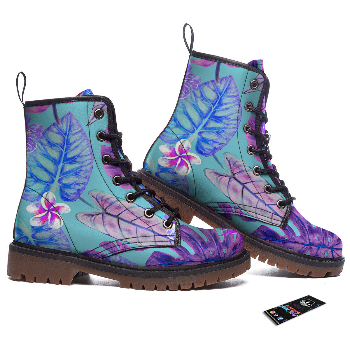Tropical Leaf Teal And Purple Print Work Boots-grizzshop