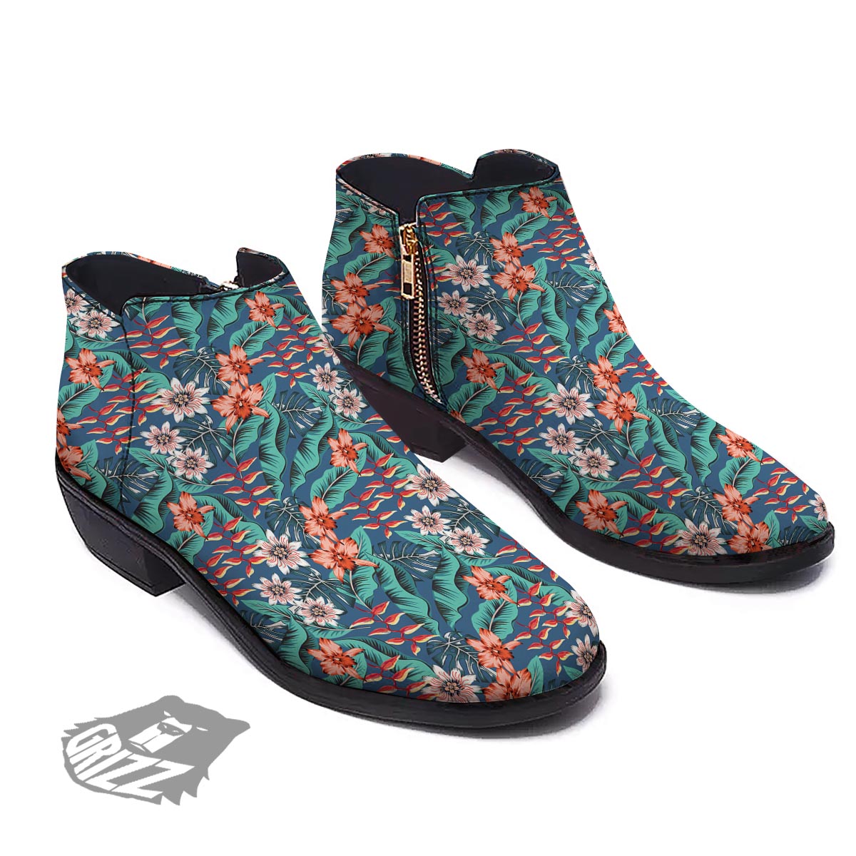 Tropical Leaf Teal Print Pattern Ankle Boots-grizzshop