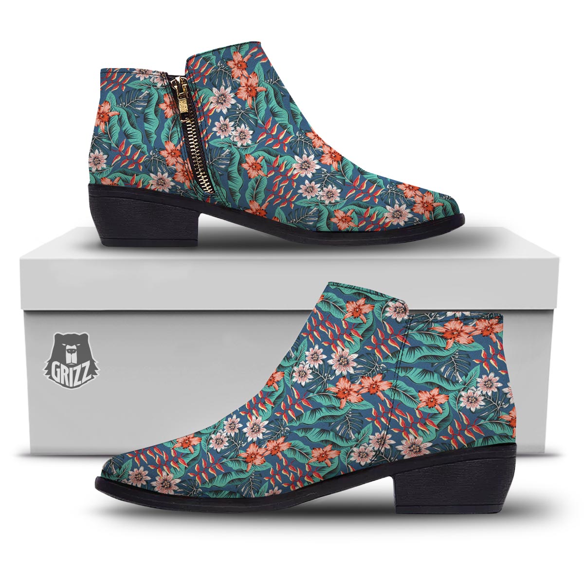 Tropical Leaf Teal Print Pattern Ankle Boots-grizzshop