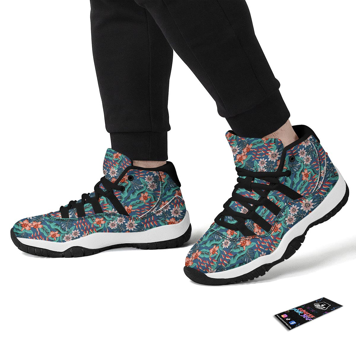 Tropical Leaf Teal Print Pattern Black Bball Shoes-grizzshop