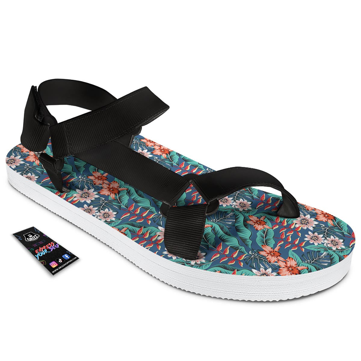 Tropical Leaf Teal Print Pattern Black Open Toe Sandals-grizzshop