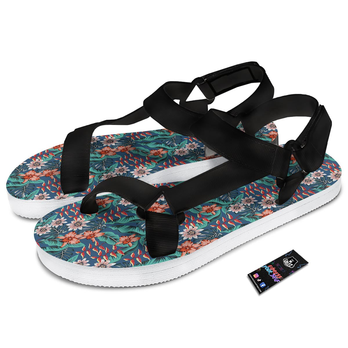 Tropical Leaf Teal Print Pattern Black Open Toe Sandals-grizzshop