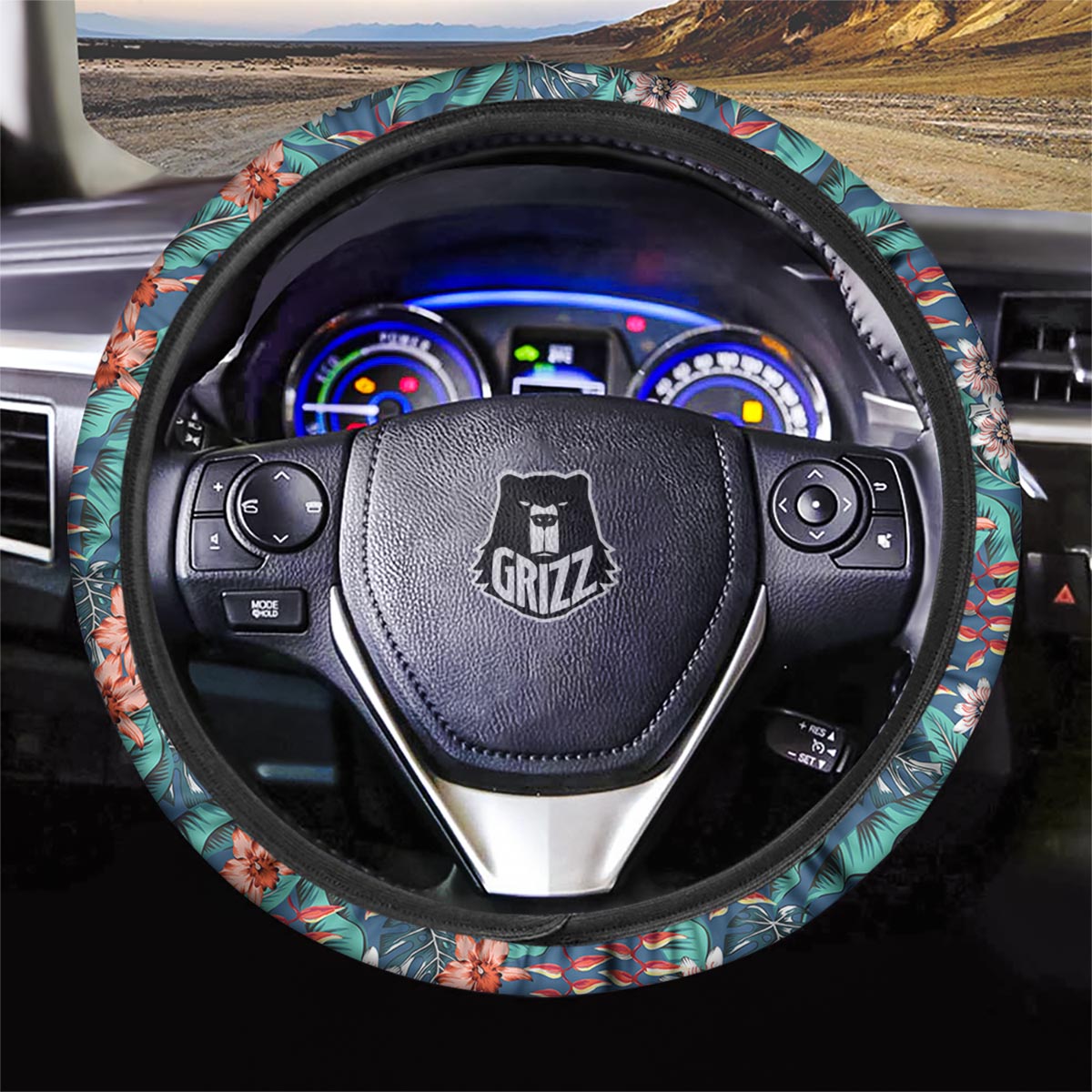 Tropical Leaf Teal Print Pattern Car Steering Wheel Cover-grizzshop