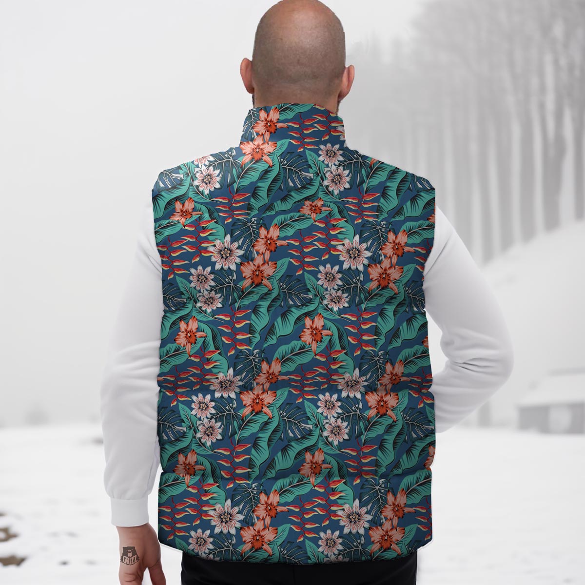 Tropical Leaf Teal Print Pattern Down Vest