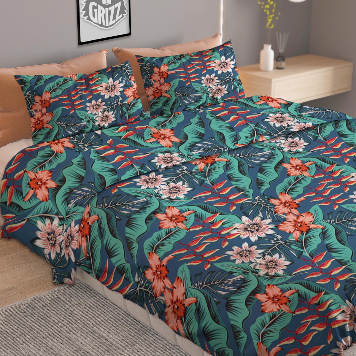 Tropical Leaf Teal Print Pattern Duvet Cover Bedding Set