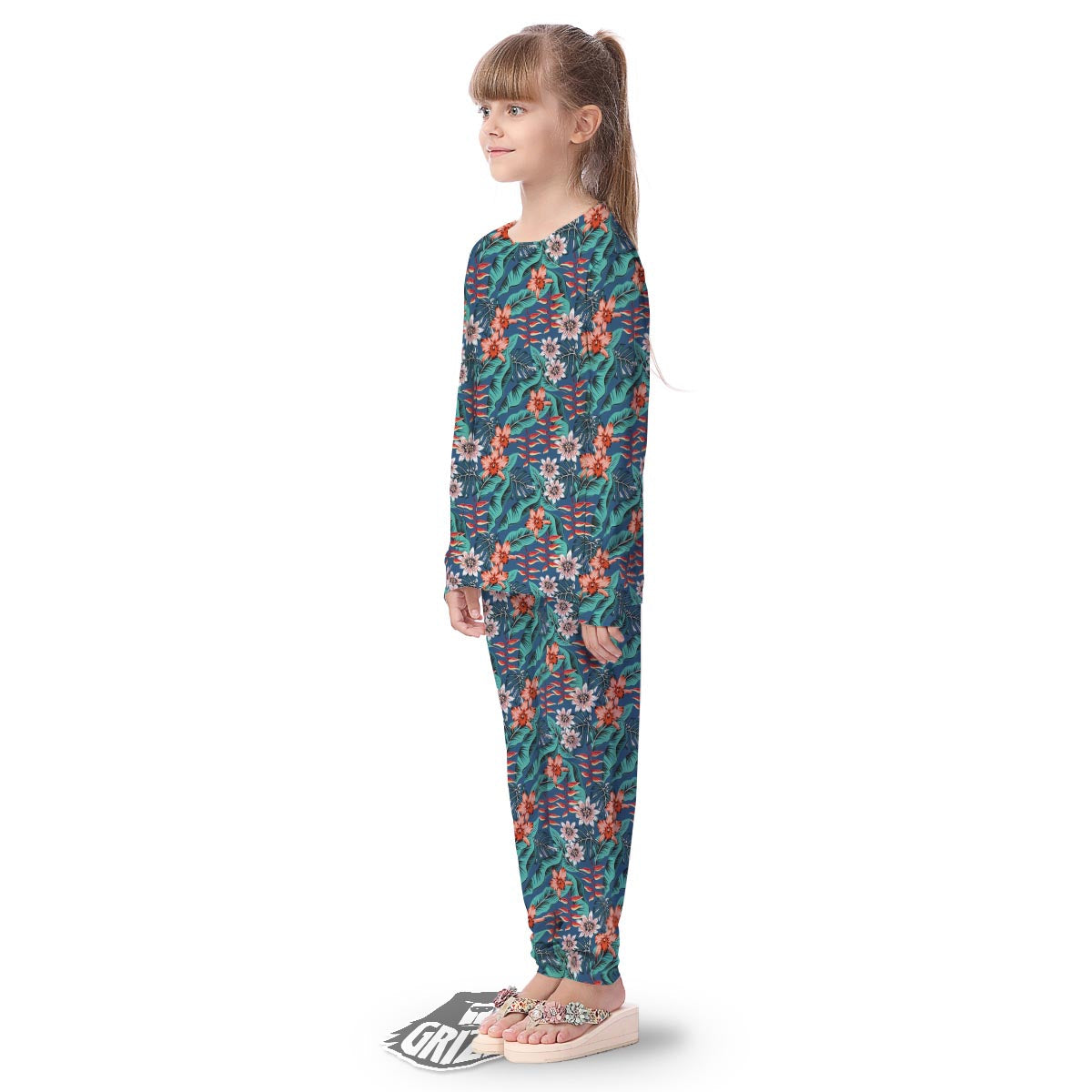 Tropical Leaf Teal Print Pattern Kid's Pajamas-grizzshop