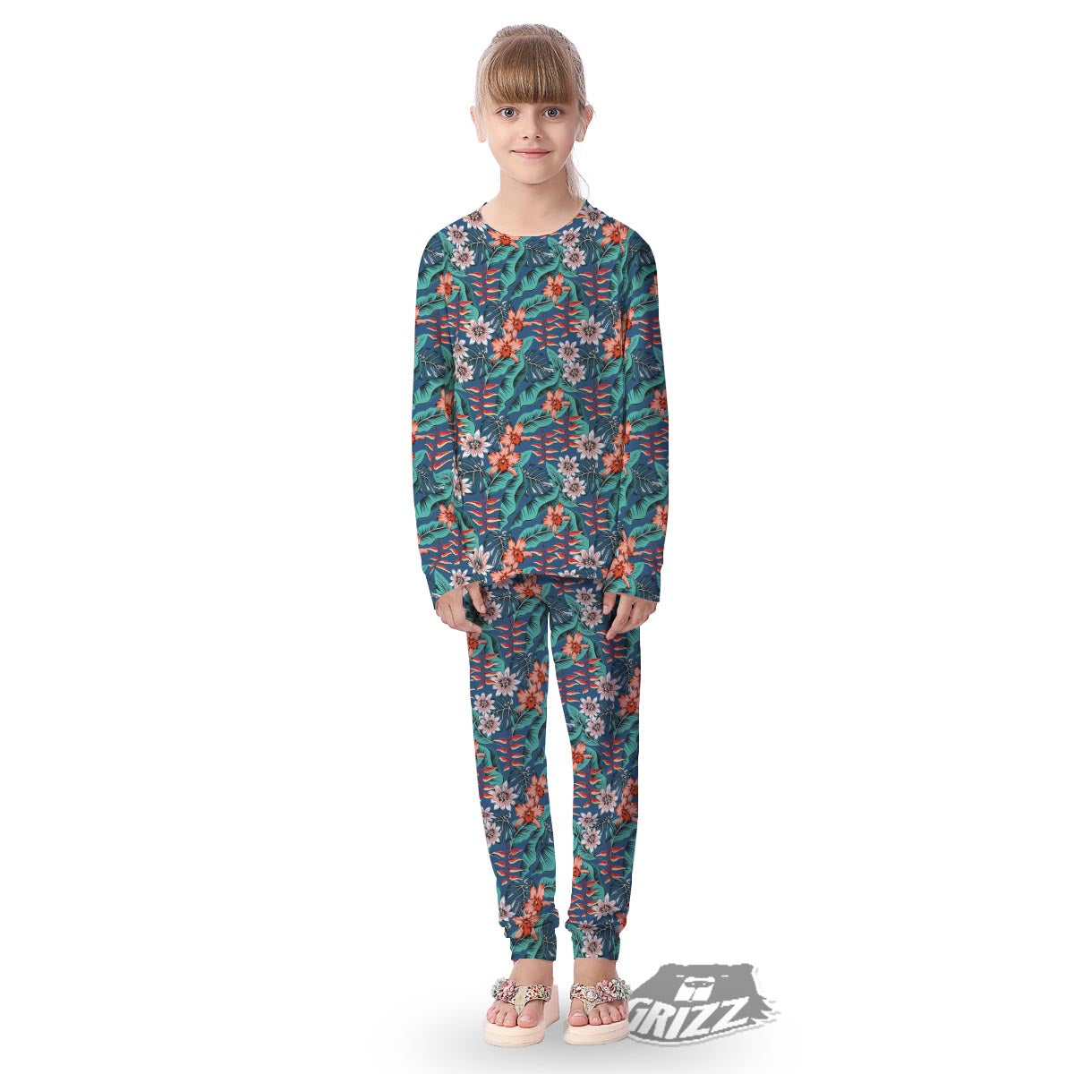 Tropical Leaf Teal Print Pattern Kid's Pajamas-grizzshop