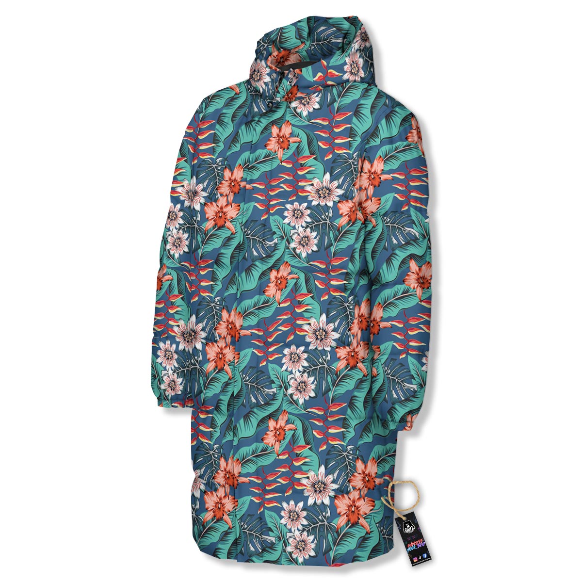 Tropical Leaf Teal Print Pattern Long Down Jacket-grizzshop