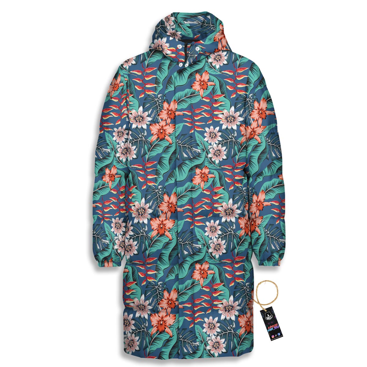 Tropical Leaf Teal Print Pattern Long Down Jacket-grizzshop