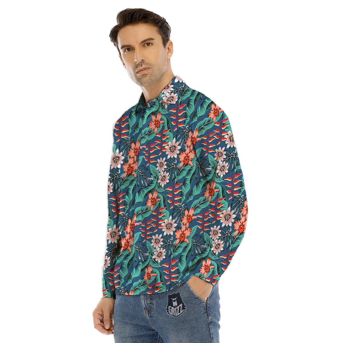 Tropical Leaf Teal Print Pattern Men's Dress Shirts-grizzshop