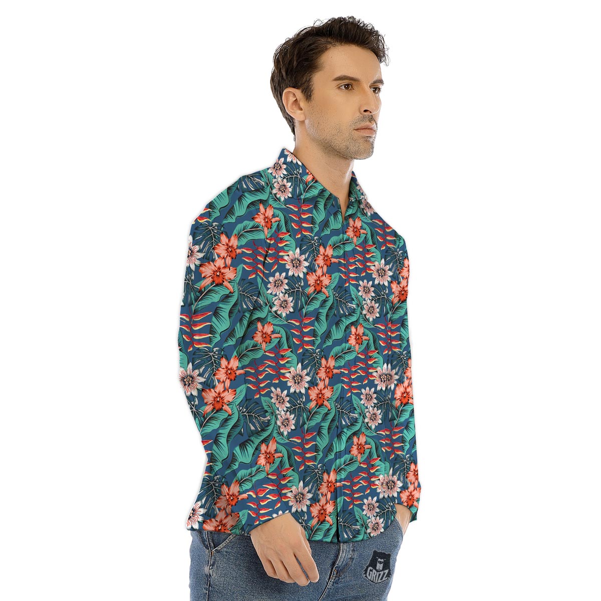 Tropical Leaf Teal Print Pattern Men's Dress Shirts-grizzshop