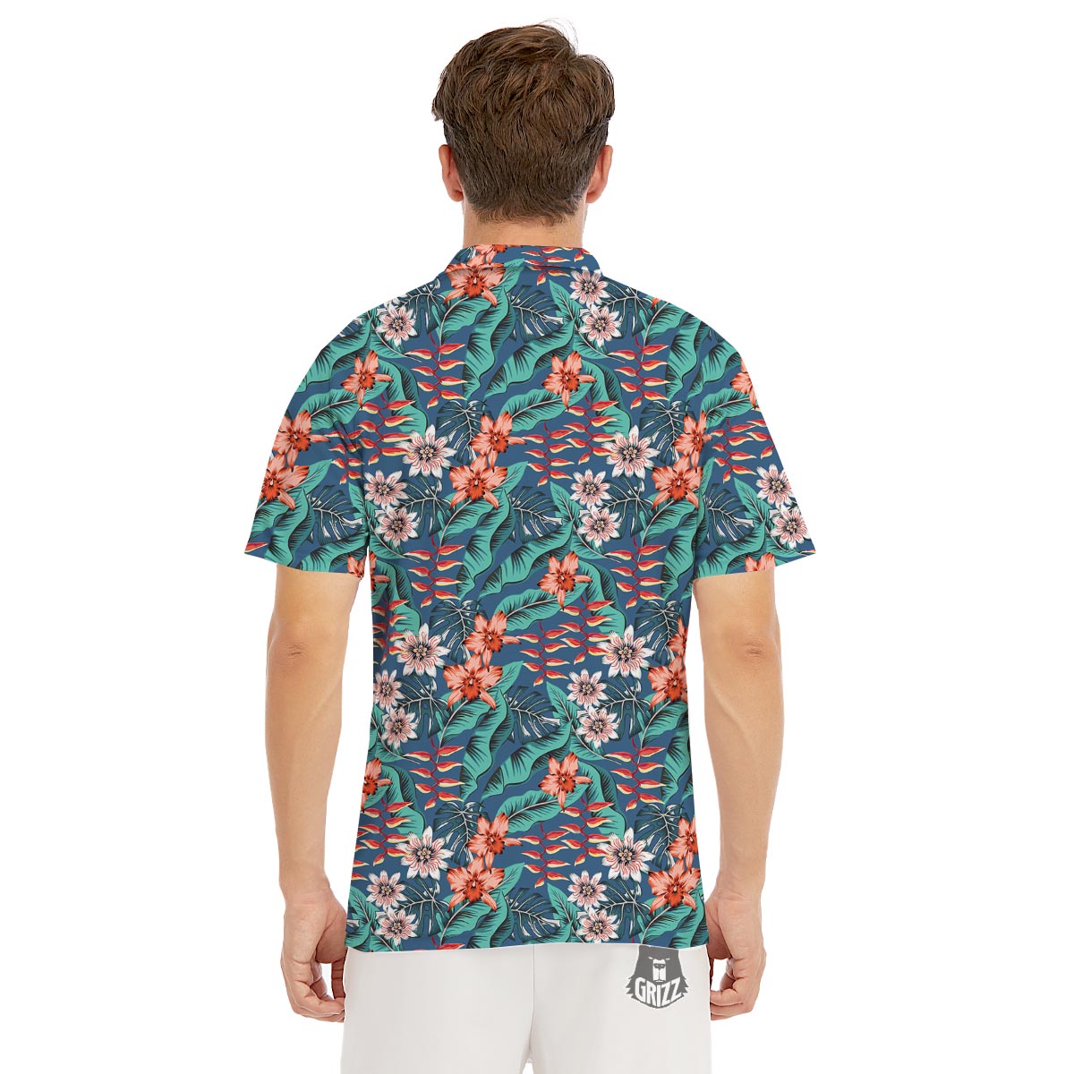 Tropical Leaf Teal Print Pattern Men's Golf Shirts-grizzshop