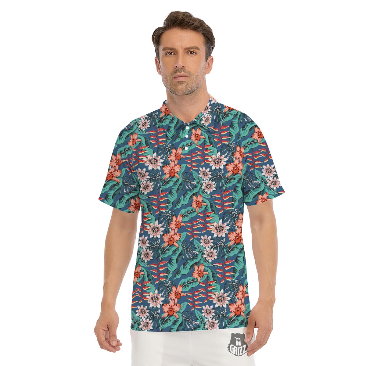 Tropical Leaf Teal Print Pattern Men's Golf Shirts-grizzshop