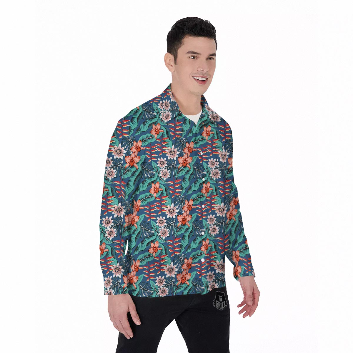 Tropical Leaf Teal Print Pattern Men's Long Sleeve Shirts-grizzshop