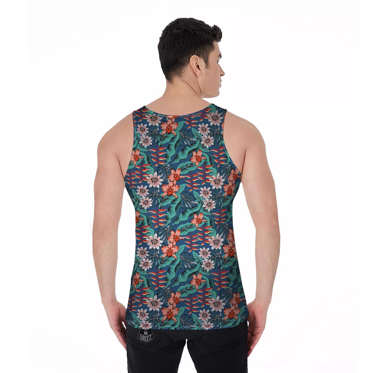 Tropical Leaf Teal Print Pattern Men's Tank Top-grizzshop