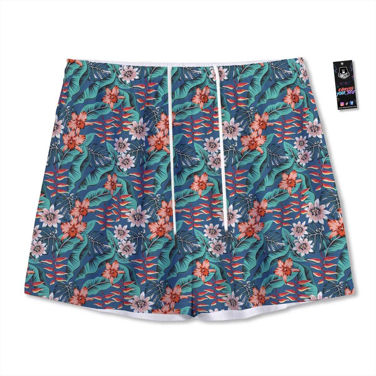 Tropical Leaf Teal Print Pattern Mesh Shorts