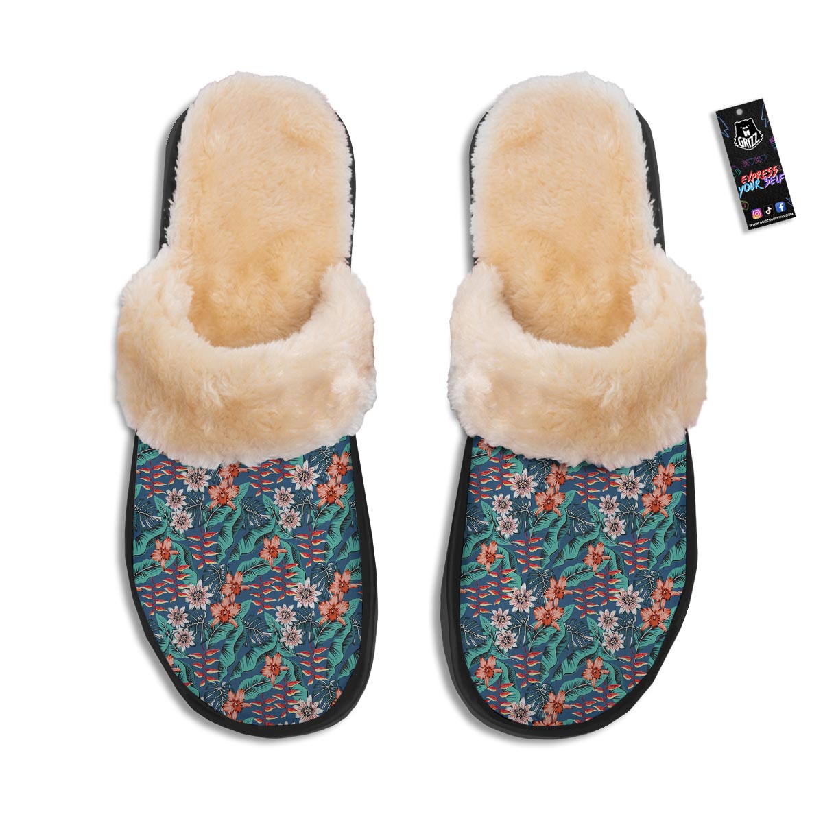 Tropical Leaf Teal Print Pattern Slippers-grizzshop