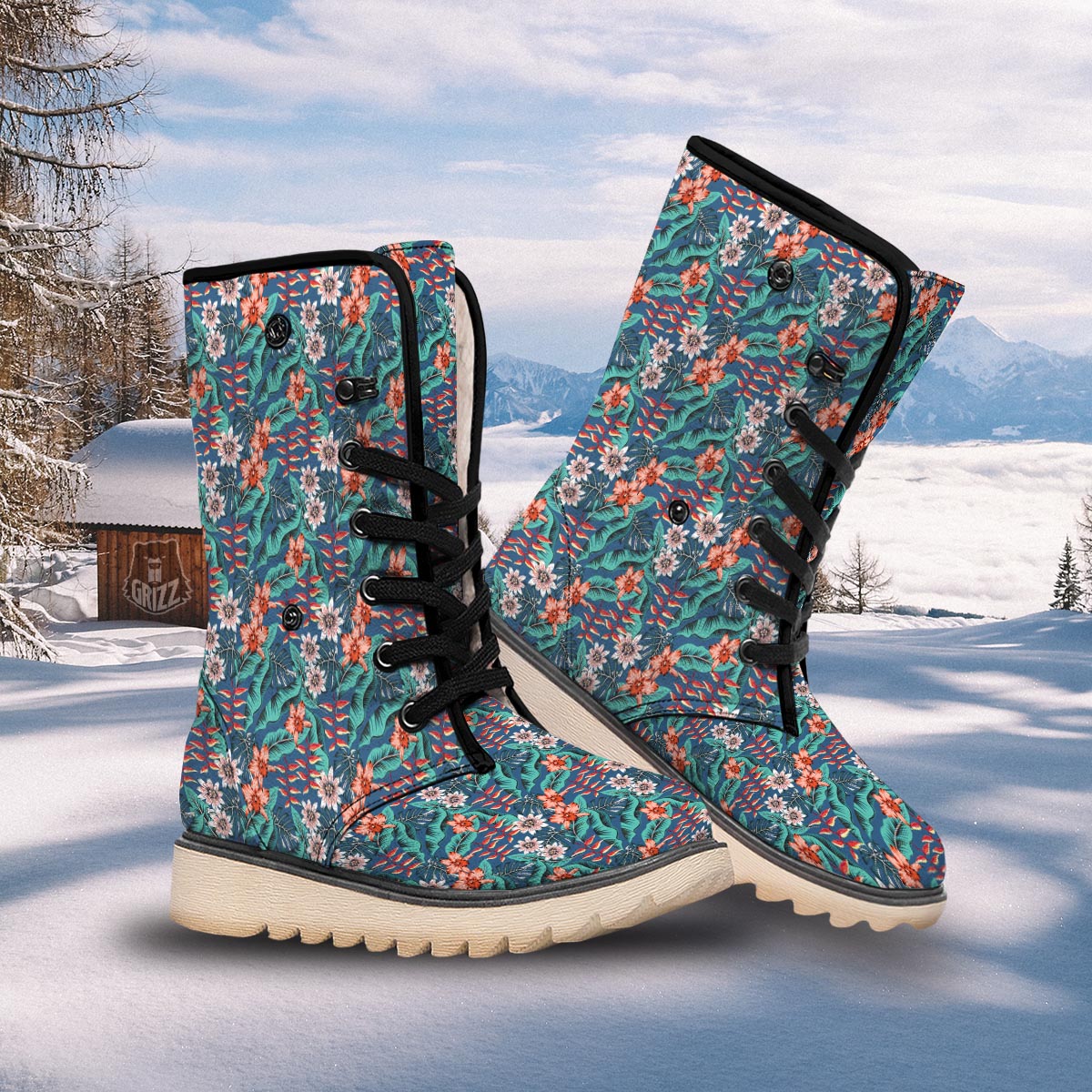 Tropical Leaf Teal Print Pattern Snow Boots-grizzshop