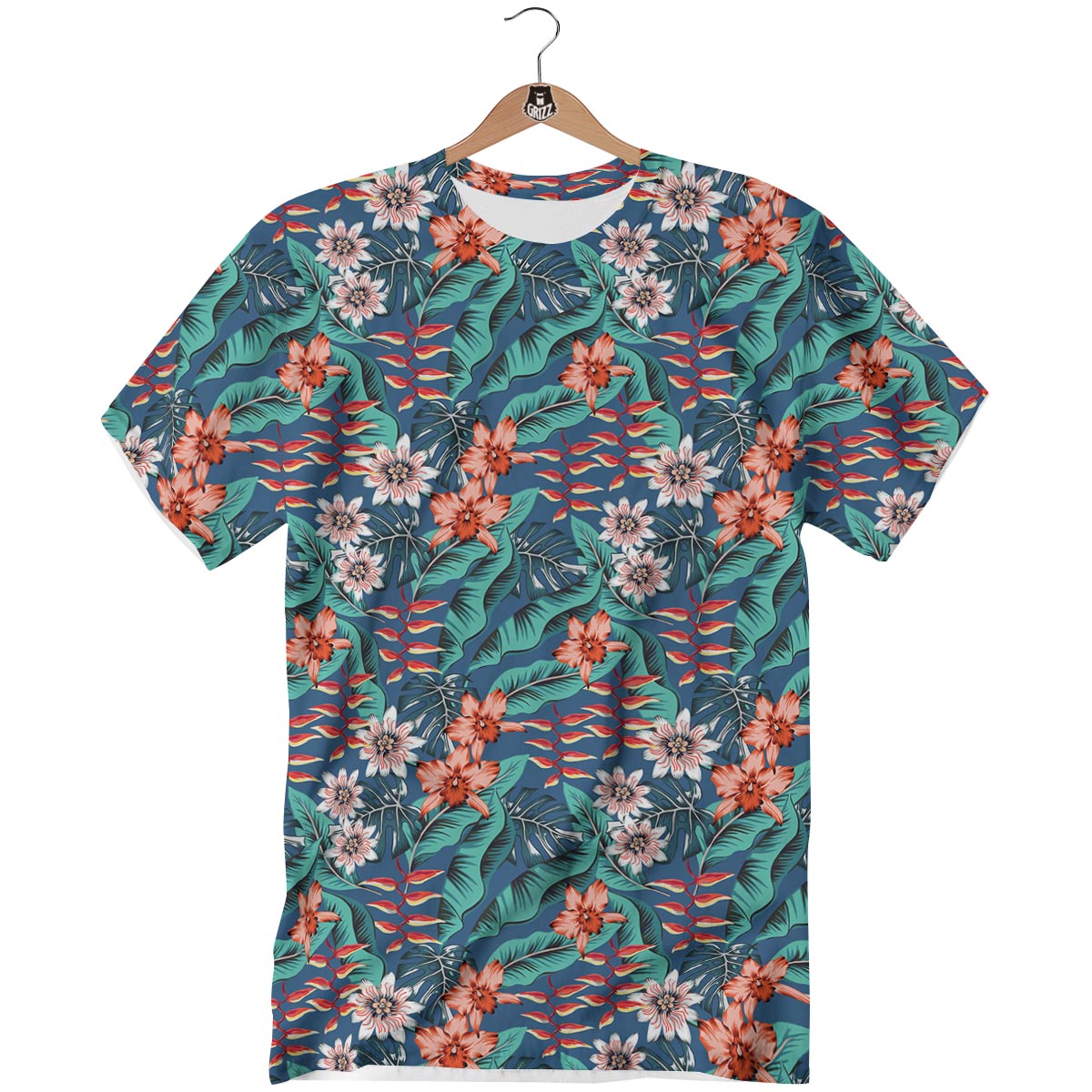 Tropical Leaf Teal Print Pattern T-Shirt-grizzshop