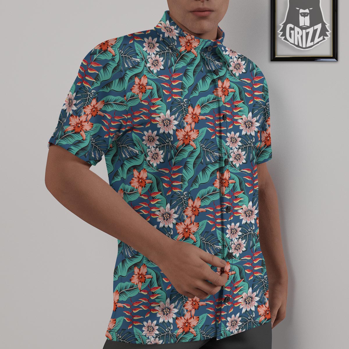 Tropical Leaf Teal Print Pattern Untucked Shirts-grizzshop