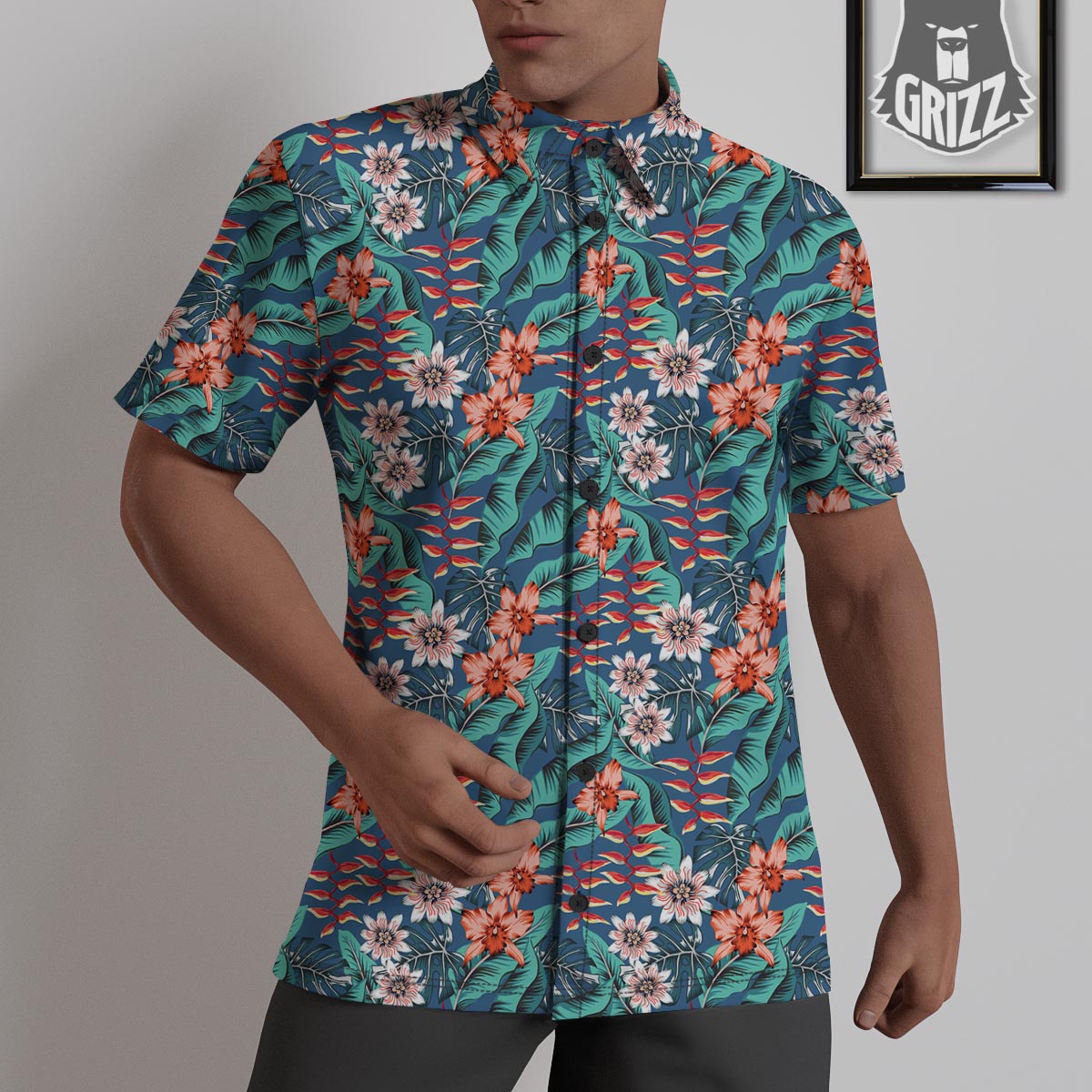 Tropical Leaf Teal Print Pattern Untucked Shirts-grizzshop