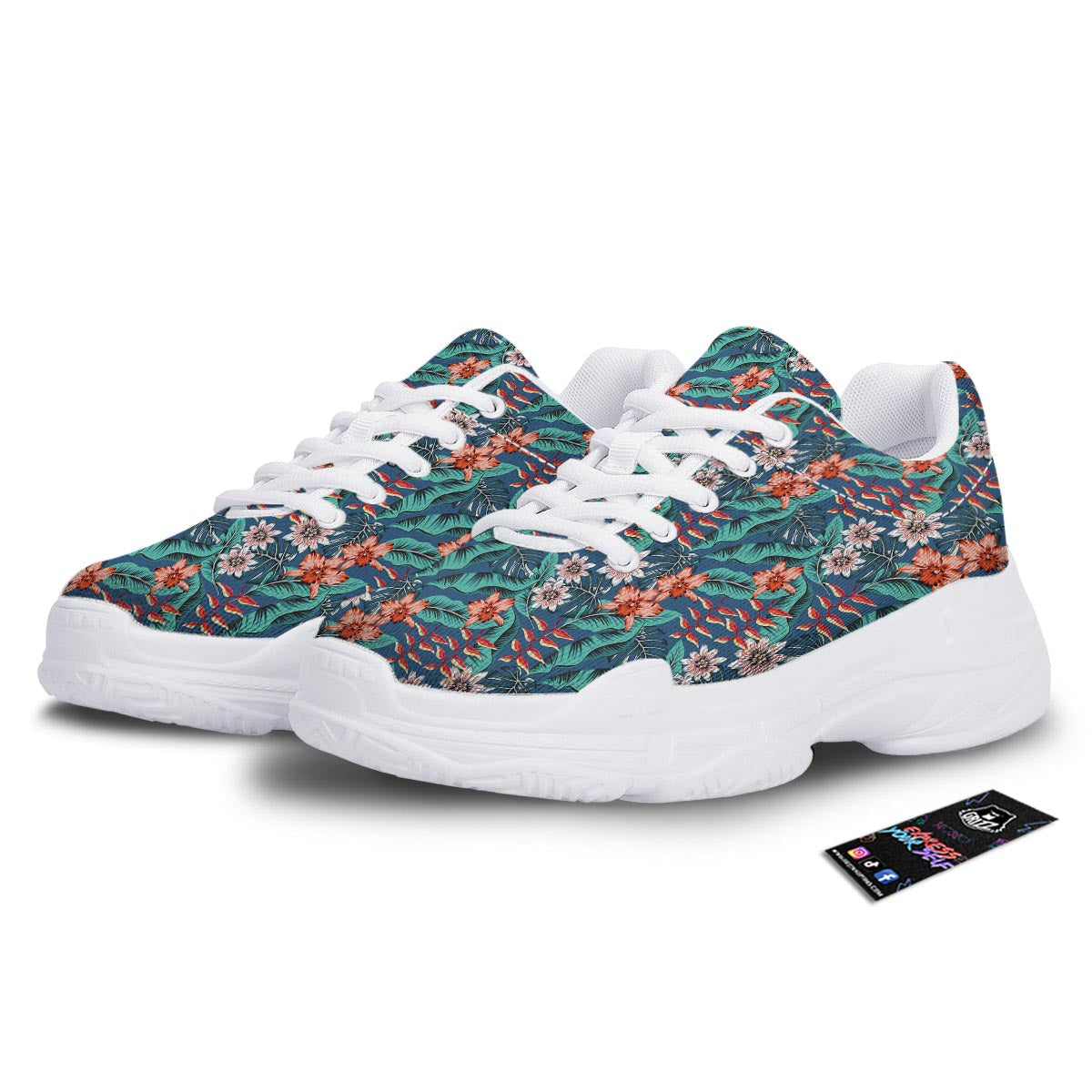 Tropical Leaf Teal Print Pattern White Chunky Shoes-grizzshop