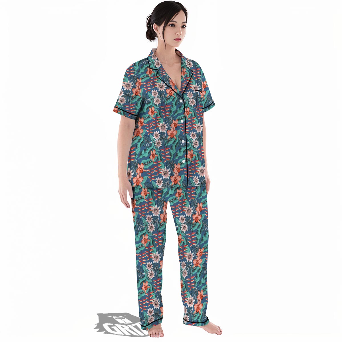 Tropical Leaf Teal Print Pattern Women's Pajamas Set-grizzshop