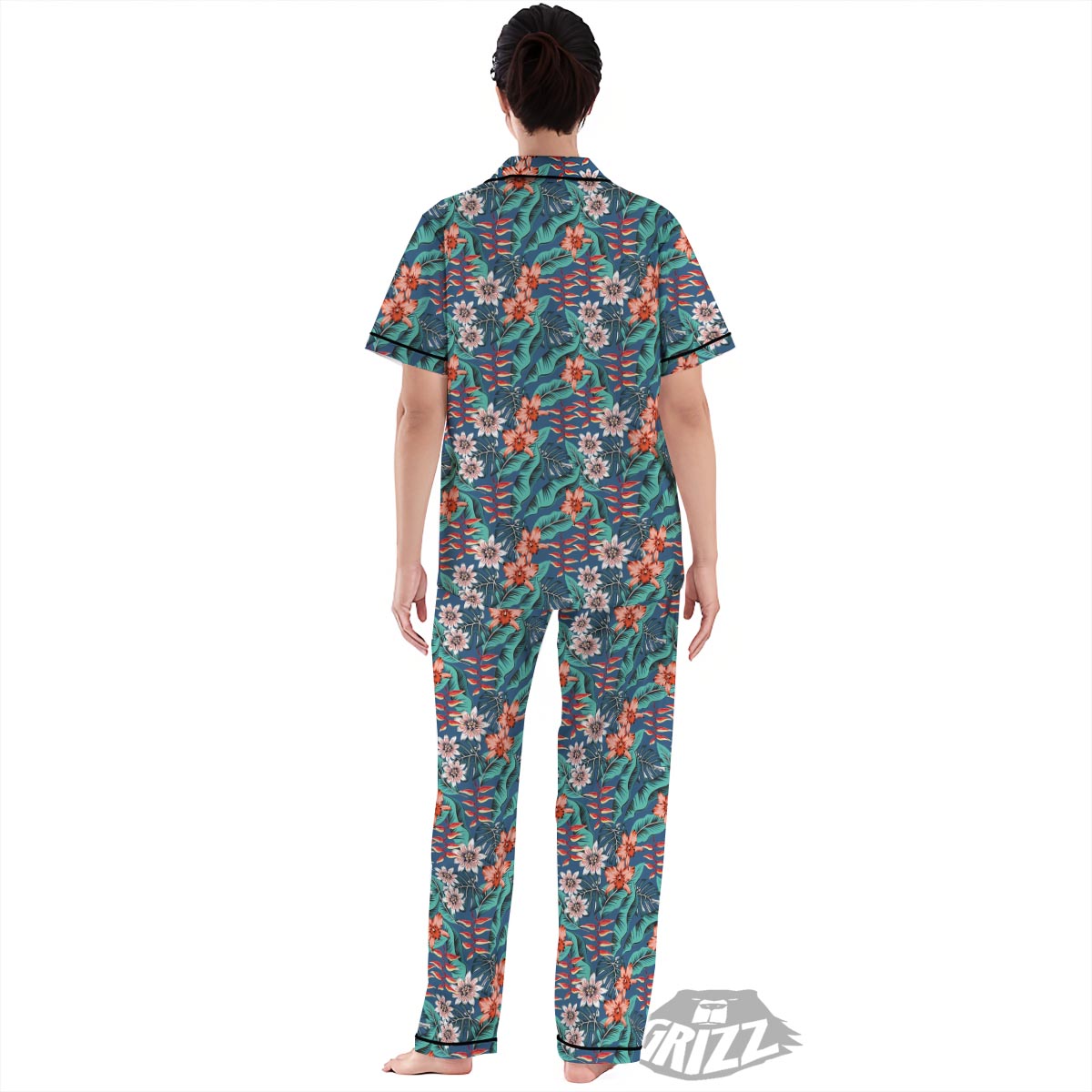 Tropical Leaf Teal Print Pattern Women's Pajamas Set-grizzshop