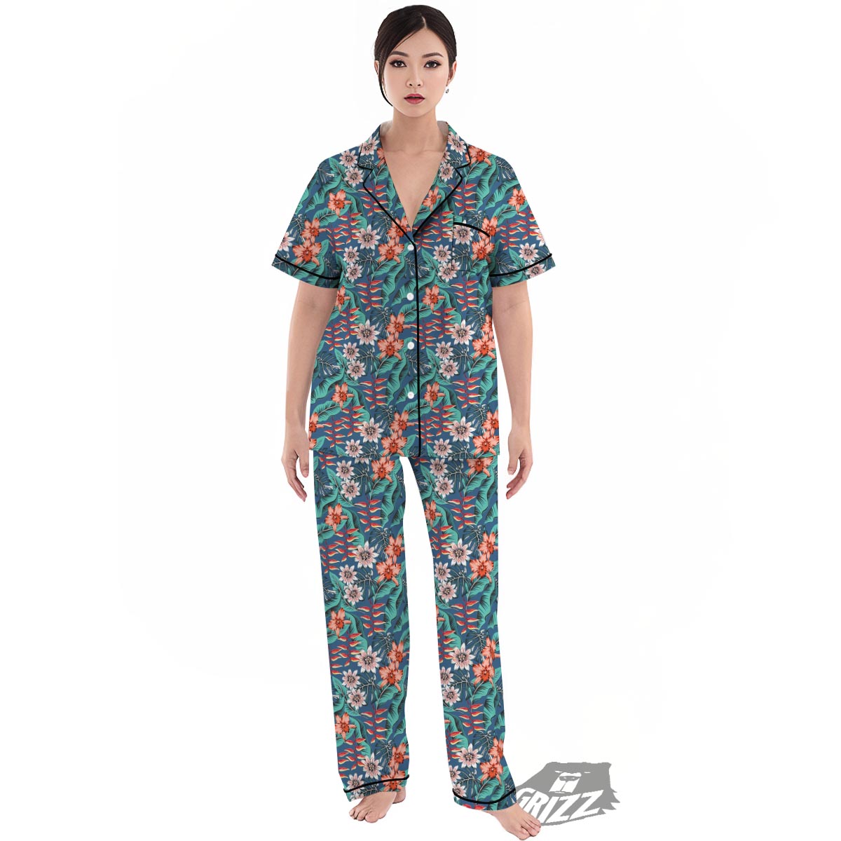 Tropical Leaf Teal Print Pattern Women's Pajamas Set-grizzshop