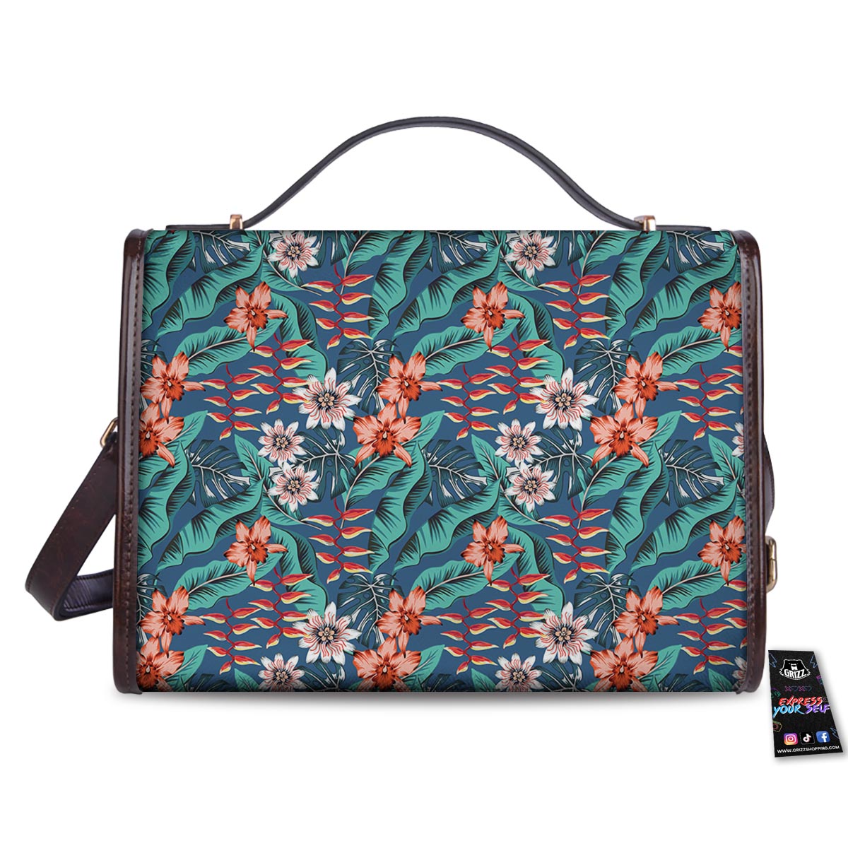 Tropical Leaf Teal Print Pattern Women's Satchel Bag-grizzshop