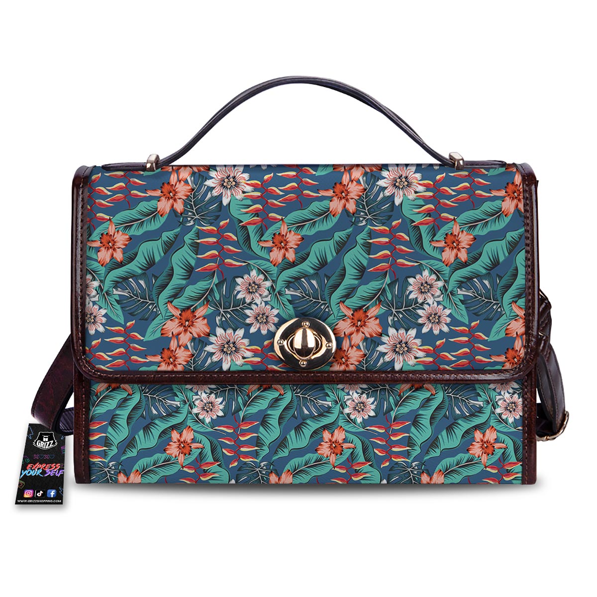 Tropical Leaf Teal Print Pattern Women's Satchel Bag-grizzshop