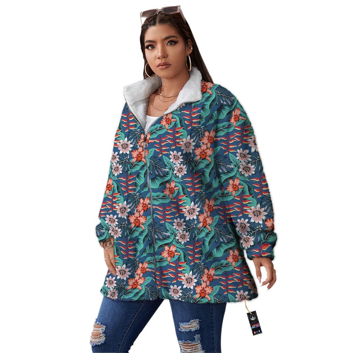 Tropical Leaf Teal Print Pattern Women's Sherpa Jacket-grizzshop