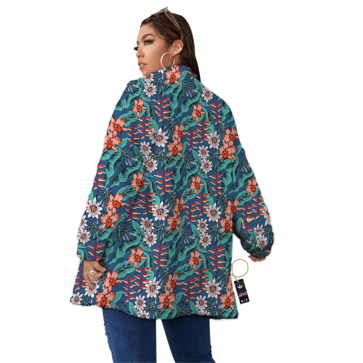 Tropical Leaf Teal Print Pattern Women's Sherpa Jacket-grizzshop