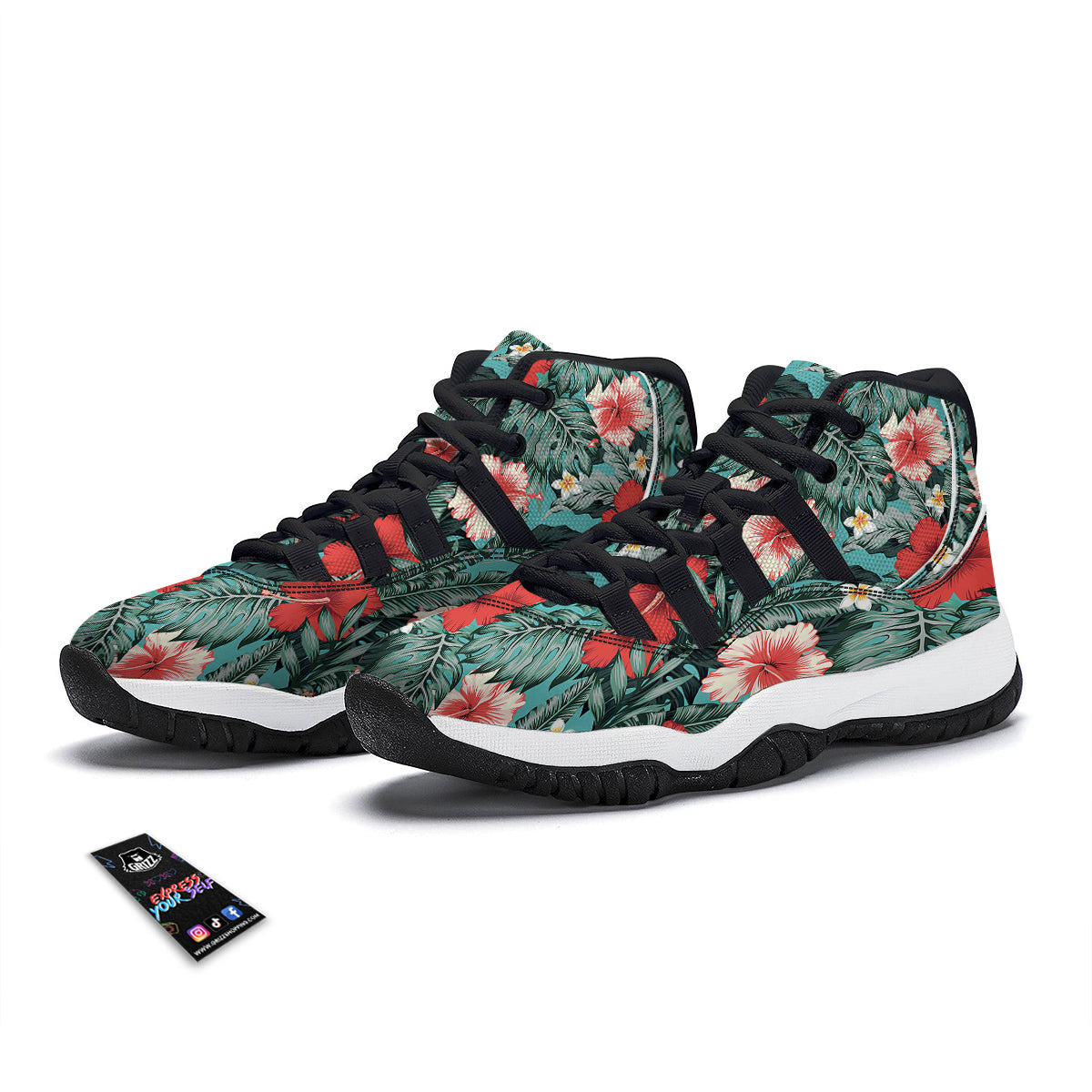 Tropical Leaf Turquoise Print Pattern Black Bball Shoes-grizzshop