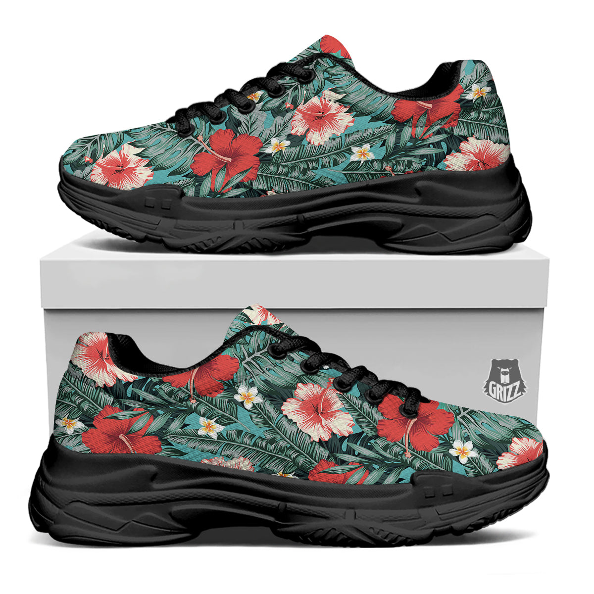 Tropical Leaf Turquoise Print Pattern Black Chunky Shoes-grizzshop