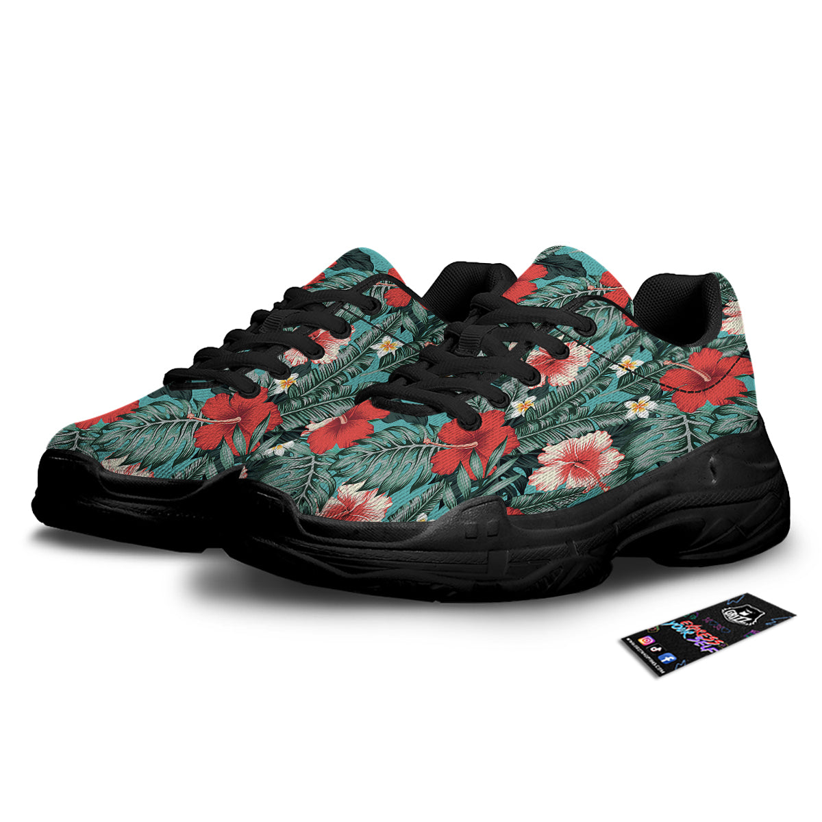 Tropical Leaf Turquoise Print Pattern Black Chunky Shoes-grizzshop