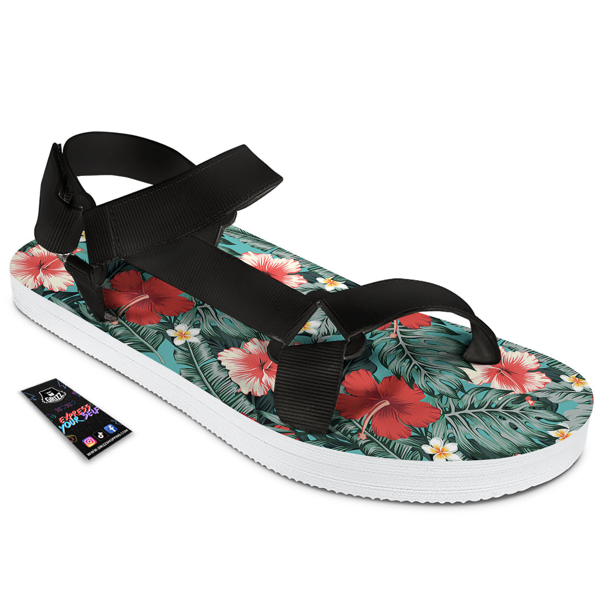 Tropical Leaf Turquoise Print Pattern Black Open Toe Sandals-grizzshop