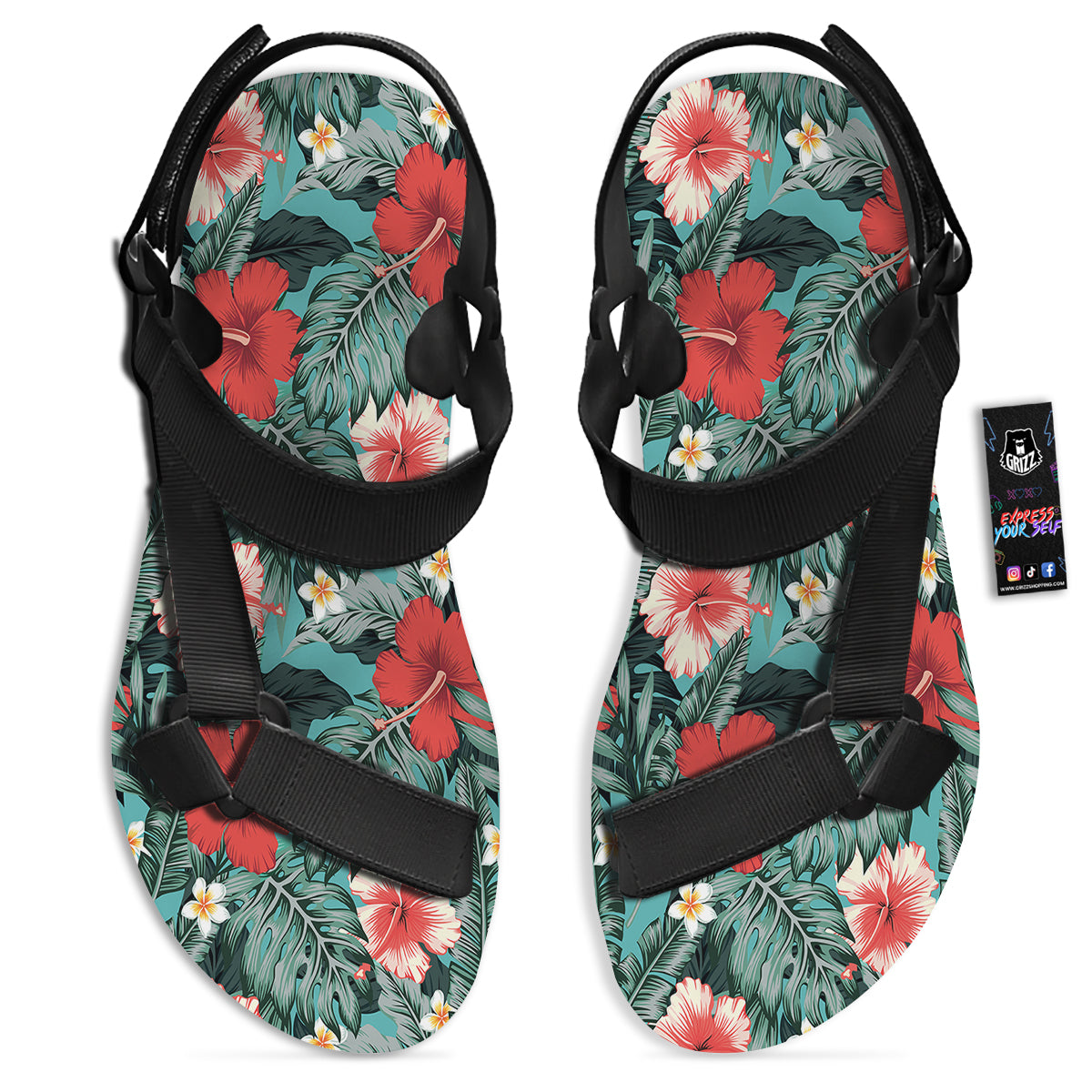 Tropical Leaf Turquoise Print Pattern Black Open Toe Sandals-grizzshop