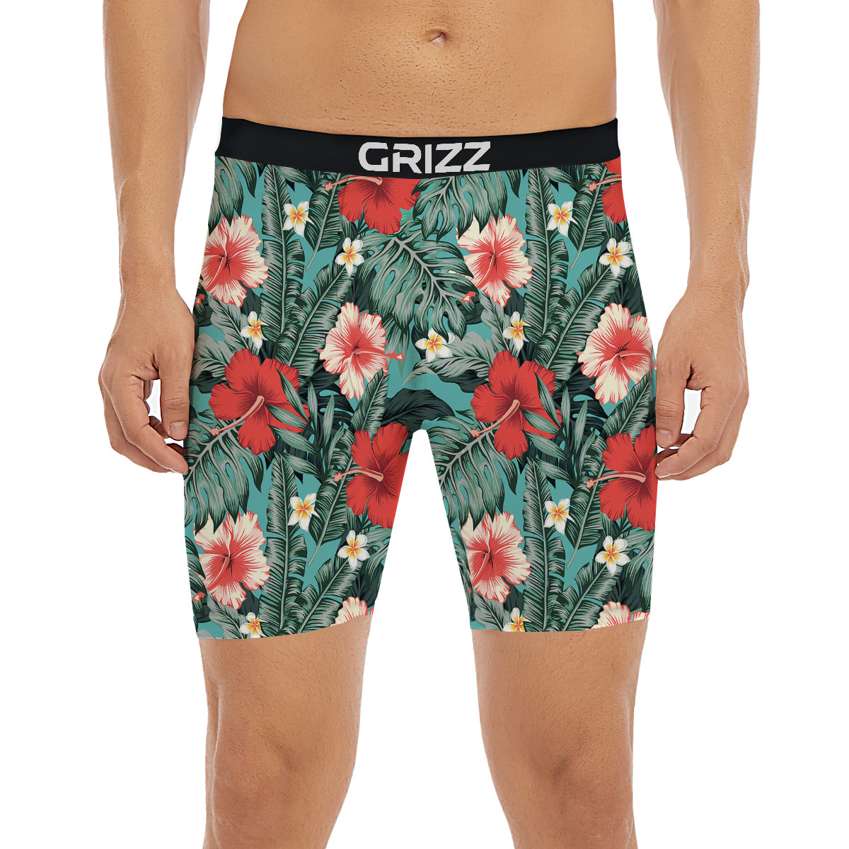 Tropical Leaf Turquoise Print Pattern Boxer Briefs-grizzshop