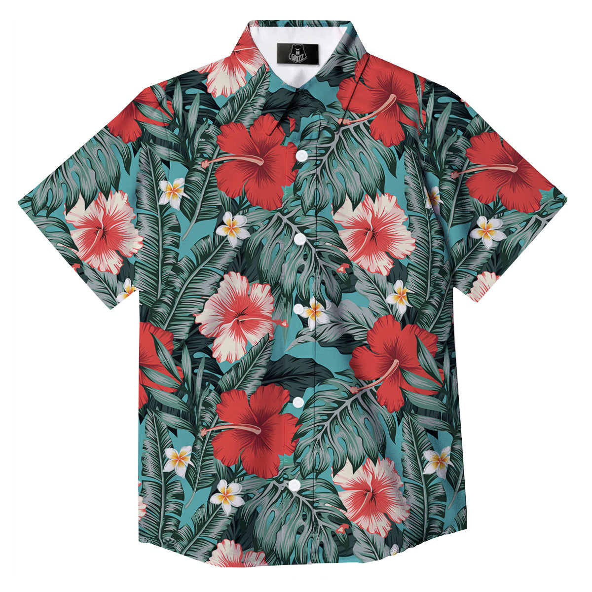 Tropical Leaf Turquoise Print Pattern Button Up Shirt-grizzshop