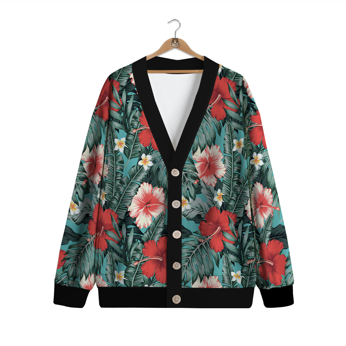 Tropical Leaf Turquoise Print Pattern Cardigan-grizzshop