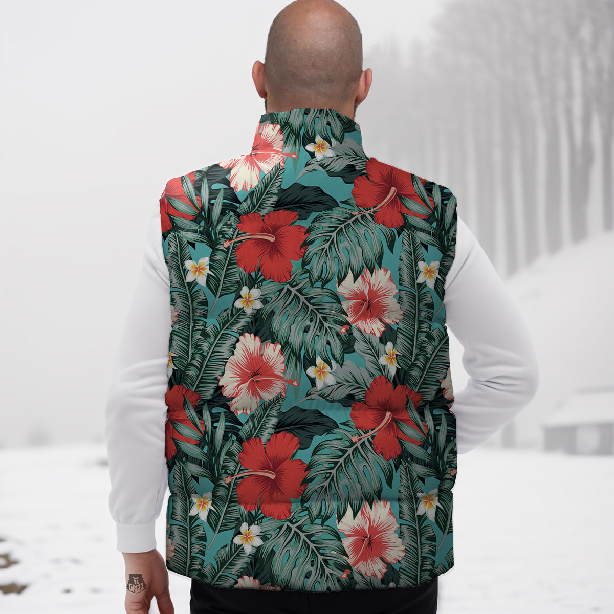 Tropical Leaf Turquoise Print Pattern Down Vest