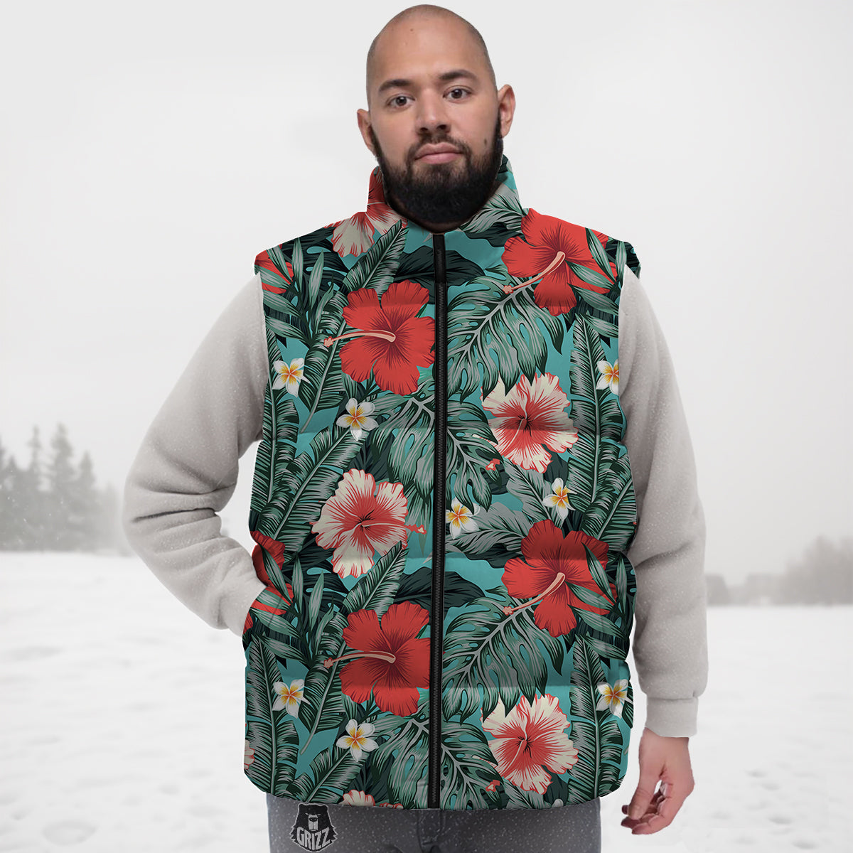 Tropical Leaf Turquoise Print Pattern Down Vest
