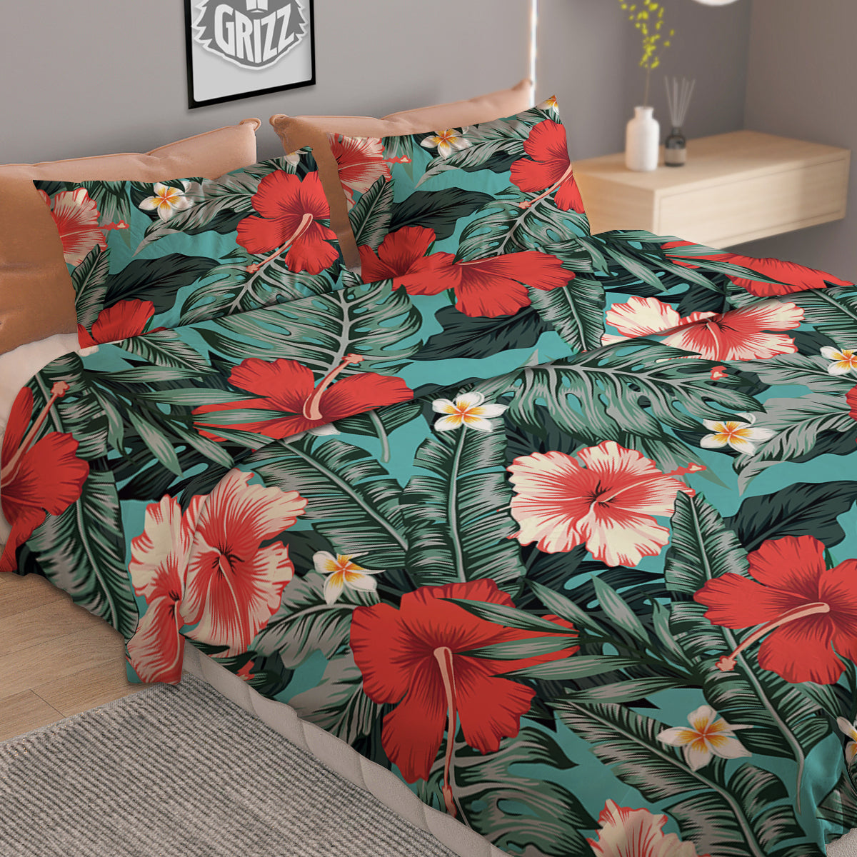 Tropical Leaf Turquoise Print Pattern Duvet Cover Bedding Set