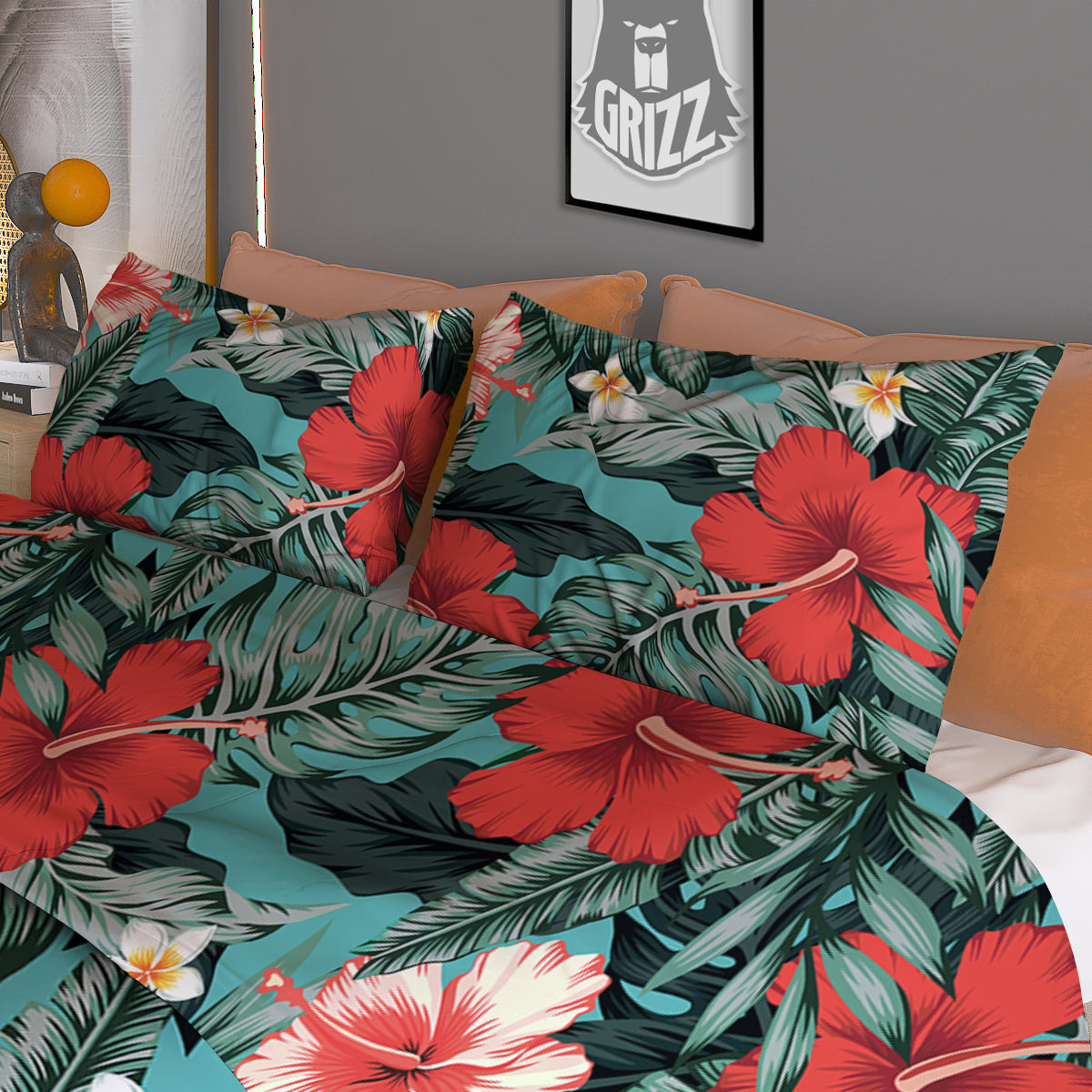 Tropical Leaf Turquoise Print Pattern Duvet Cover Bedding Set