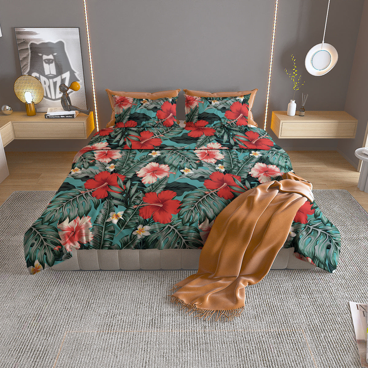 Tropical Leaf Turquoise Print Pattern Duvet Cover Bedding Set