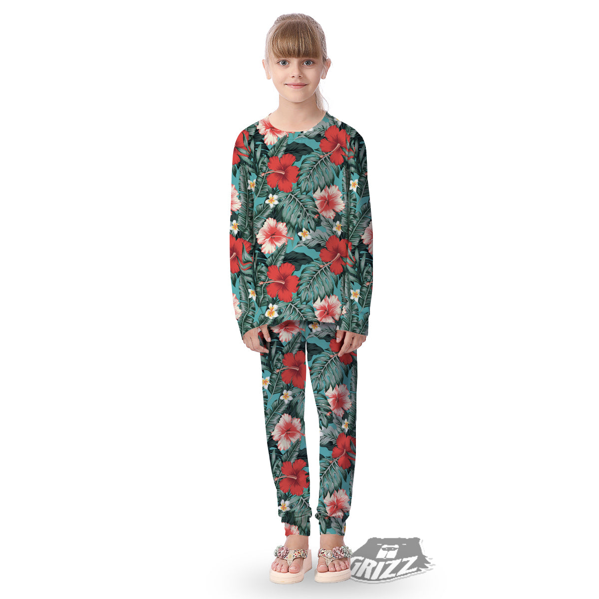 Tropical Leaf Turquoise Print Pattern Kid's Pajamas-grizzshop