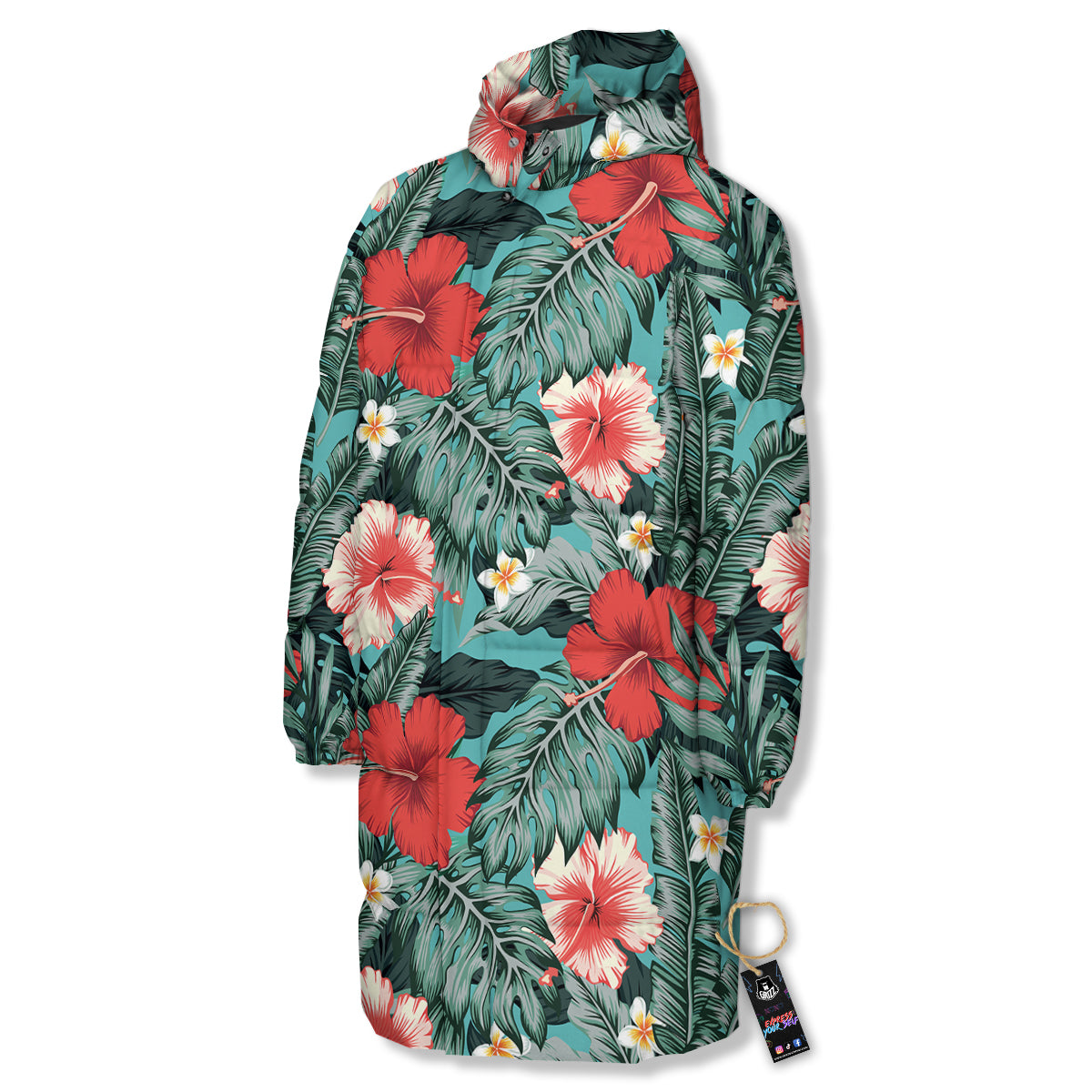 Tropical Leaf Turquoise Print Pattern Long Down Jacket-grizzshop
