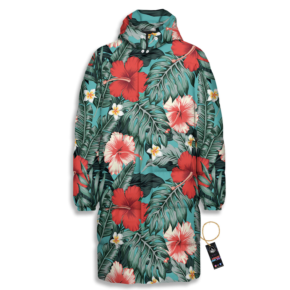 Tropical Leaf Turquoise Print Pattern Long Down Jacket-grizzshop
